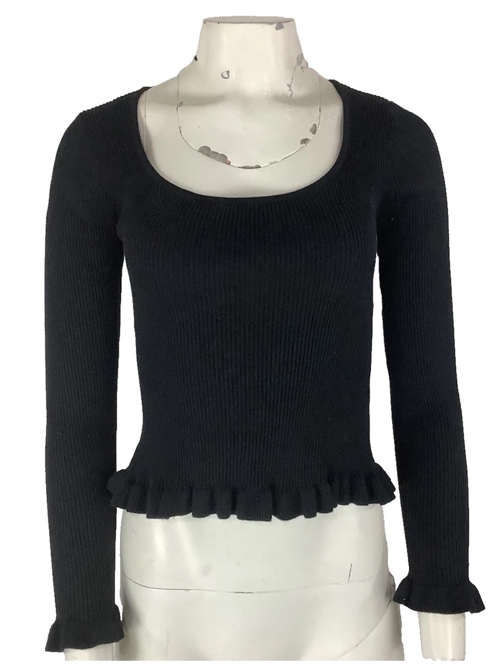 The Workshop Sz M Ribbed Knit Ruffle Peplum Hem Long Sleeve Fitted Top Black